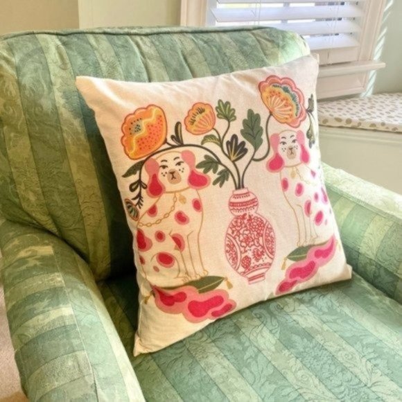 Accessories - Pillow Cover🐶- Staffordshire Dogs - Pink + Green OR Blue Chinoiserie Ginger Jar